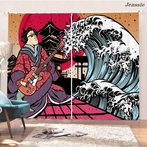 Japanese Style Curtains Sea Wave Printing Window Curtain Blackout Curtain Polyester Landscape Painting Drape For Room Hotel