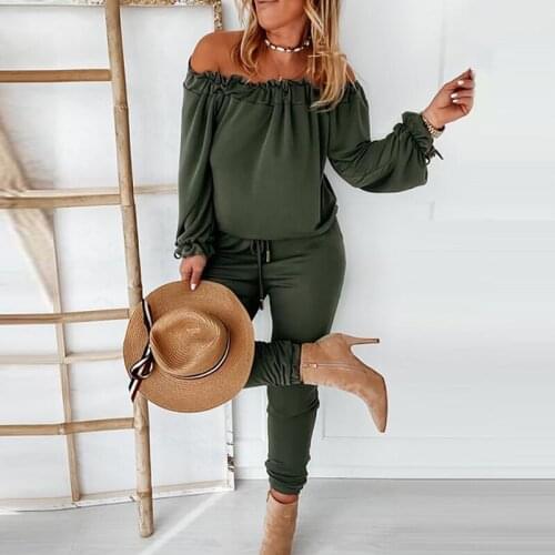 2021 Fashion Sexy Off Shoulder Ruffle Romper Women Casual Pocket Cargo Pants Jumpsuit Summer Spring Long Sleeve Overall Playsuit