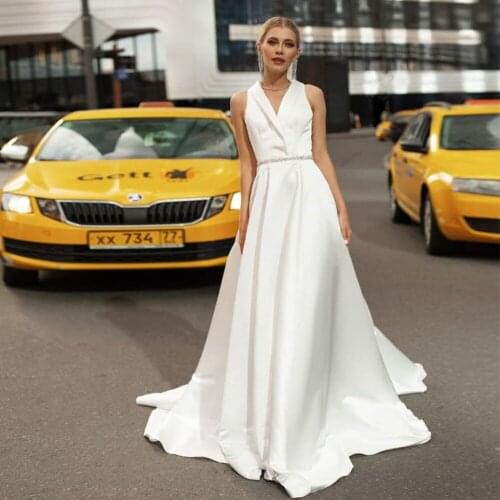 Custom Made V-neck Sexy Backless Shiny Beaded Crystal Waist Best France Satin Sheath Wedding Dresses Alibaba China Vestidos