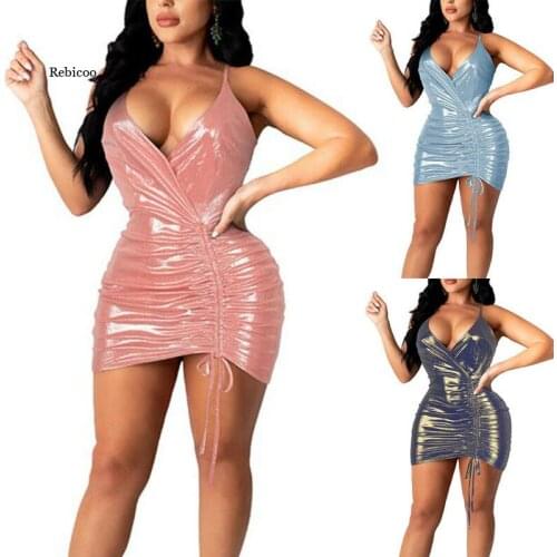 Women Dresses Sleeveless Deep V Neck Ladies Robe Mini Dress Sexy Drawstring Side Short Dress Women Dress