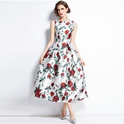 Vestidos De Fiesta 2021 Newest Summer High Waist Beach Maxi Dress O-Neck Floral-Print Elegant Party Vacation Sleeveless Dresses