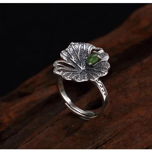 Vintage Jewelry Retro Jasper 100% 925 Sterling Silver Handmade Lotus Leaf Ring For Women Open Cuff Ladies Rings