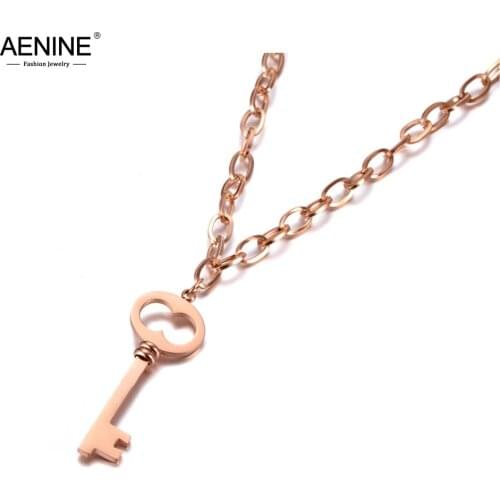 AENINE Fashion Office Style Titanium Steel Love Key Charm Pendant Jewelry Rose Gold Chain & Link Necklace For Women AN19108