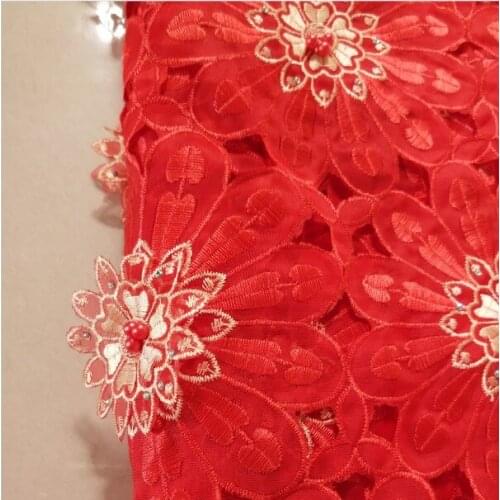 Free Shipping red High quality latest african handcut lace fabric with beads and flowers for wedding big occasion-N8842A
