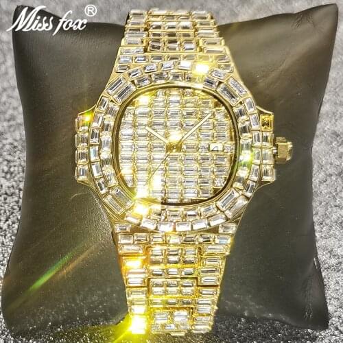 Top Hip Hop MISSFOX Mens Watches Luxury Brand AAA Full Baguette Diamond Iced Out Bling Quartz Watch Gold Male Jewelry Clocks