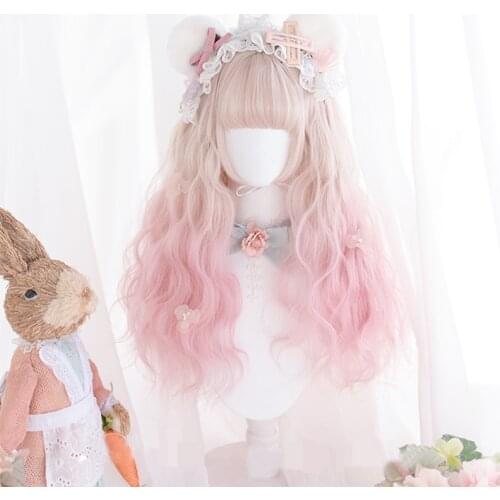 COYOUNG Lolita Cosplay Wigs High-temperature Fiber Synthetic Hair Hair+free Hair Cap Long Big Wave Curly Gradient Golden Pink