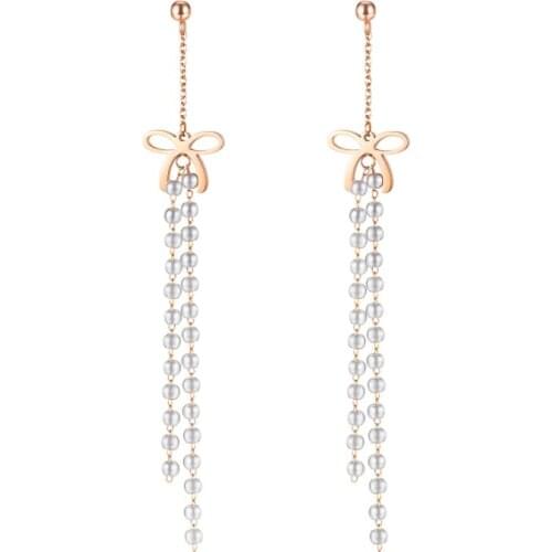 FAMI Bowknot long earrings female WOMEN Korean version creative wild tassel earring popular fashion stainless steel