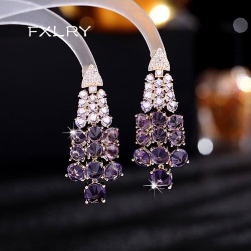 FXLRY Elegant Cubic Zirconia Fashion Purple Tassel Drop Earring for Women Wedding Party Jewelry