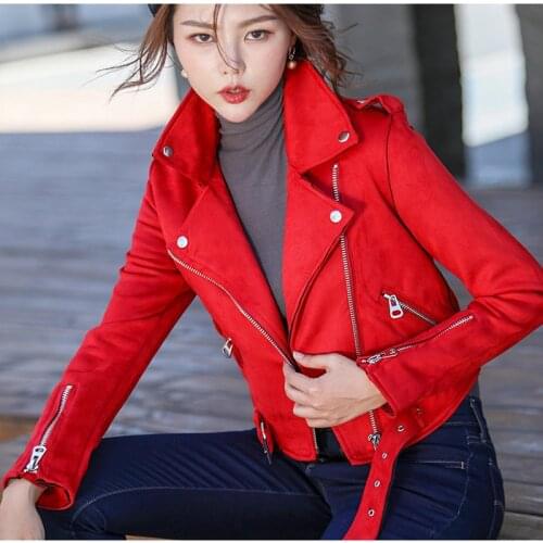 Faux PU Leather Suede Short Womens Jacket Multy Zipper Motorcycle Solid Coat Women 2020 Autumn Winter Red Biker Jackets Female