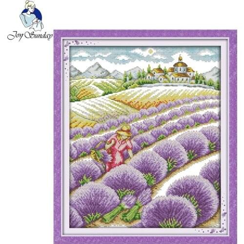 Joy Sunday scenic style Lavender field cross stitch landscape patterns free counted wall painting Christmas gift for children