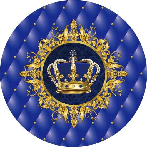 Royal Prince Princess Baby Shower Boy Girl Circle Backdrop Round Cover Elastic Crown Blue Birthday Party Background Photography