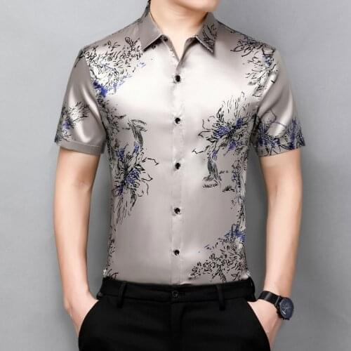 Summer Mens Satin Short Sleeve Floral Shirts Middle-aged Vintage Slim Fit Silk Flowers Printed Oversized Dress Shirts Large Size