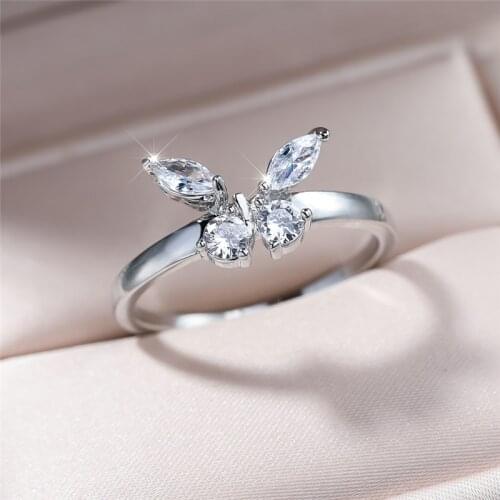Trendy Female Crystal Butterfly Thin Ring Luxury Silver Color Wedding Rings For Women Dainty White Zircon Stone Engagement Ring