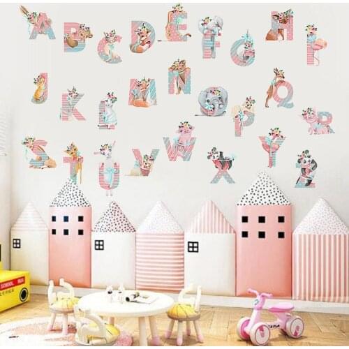 Cartoon Animals Alphabet Wall Stickers for Kids Room Decoration Decals for Baby Nursery Living Room Home Decor Murals Poster PVC