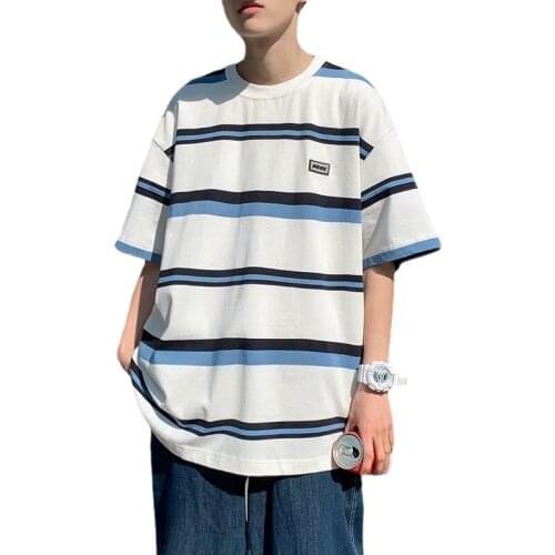 2021 new summer Hong Kong fashion brand loose fashion mens T-shirt striped short-sleeved top men