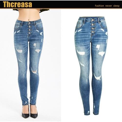 Jeans New Female Mid-waist Elastic Open Fork Pants Feet European and American Tide Type Cut Holes To Wash Small Feet Jeans Woman