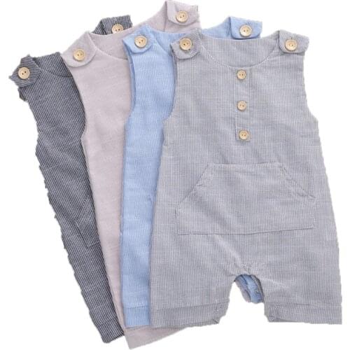 New Kids Summer Clothing Newborn Baby Boys Buttons Striped Romper Fashion Boy Sleeveless Rompers Girl Cotton Linen Jumpsuit