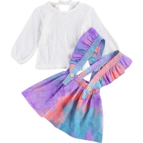 2Pcs New Autumn Toddler Girls Outfits Suit Cotton Linen Cute Long Sleeve Blouse+Tie Dye Suspender Skirt Infant Kids Clothes Set