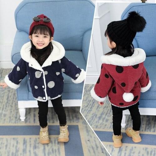 Girls 2-6 Years Long Sleeve Hooded Fashion Single Breasted Coats Dots Corduroy Thick Warm Winter Autumn Outdoor Jackets