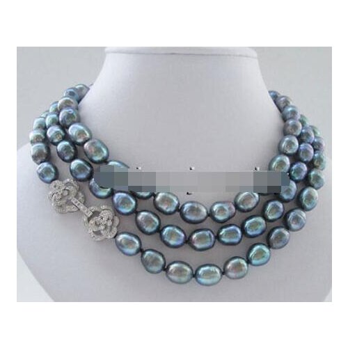 P7438 - 50" 9-10mm natural black baroque freshwater pearl necklace - 925 silver