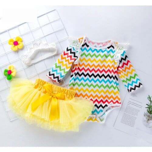 Easter Fall Winter Newborn Baby Girls Bodysuit Long Sleeve Lounge Set Stripe Mesh Skirt Babysuit Set 3 6 12 18 24 Month Headband