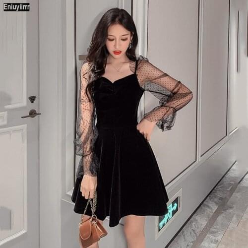 Sexy Black Dot Mesh Flounce Lantern Sleeve Bodycon Dress Women 2020 Elegant Solid Spring Autumn Party Short Dresses