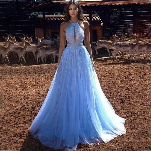 Light Blue Evening Gowns with Beading Lace A Line Sexy Backless Prom Dress Customize Women Formal Vestidos Formais