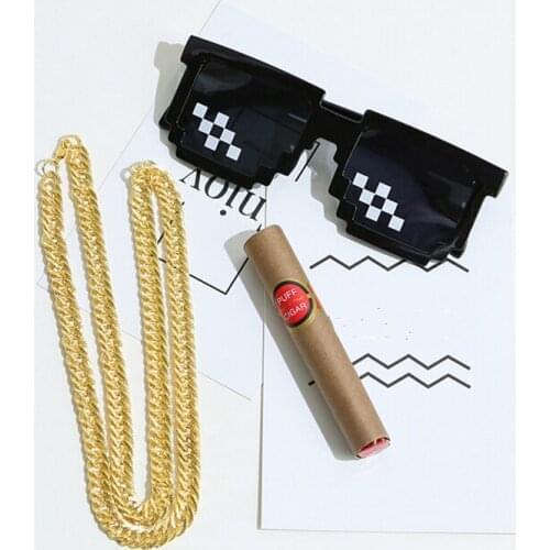Thug Life Mosaic Glasses Cigar Gold chain Men Women 8 Bit Coding Pixel Trendy Cool Super Party Funny Vintage Shades Eyewear Toy