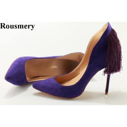 Women New Fashion Pointed Toe Purple Suede Leather Back Tassels Pumps 12cm Sexy Classical Fringed High Heels Dress Shoes