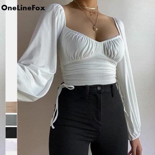 OneLineFox Womens Puff Sleeve Blouse Solid Print Ruched Hollow Out Tie Up Slim Fit Crop Top Prairie Chic Square Neck T-Shirt