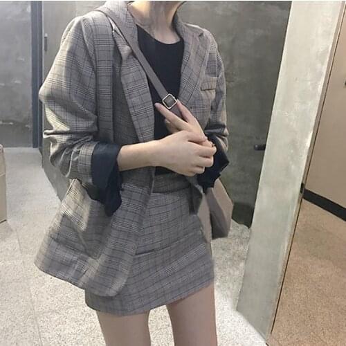 Korea chic blazer coat plaid mini skirt suit women jacket suit office lady jacket high waist skirt 2 piece set women