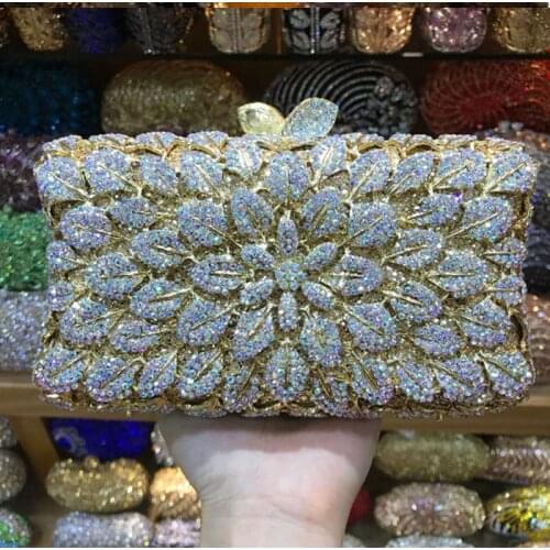 Blue Crystal leaf Women Evening Wedding Party Bags gold Silver Metal Minaudiere Clutch Purse Bridal Chain Shoulder Handbag Purse