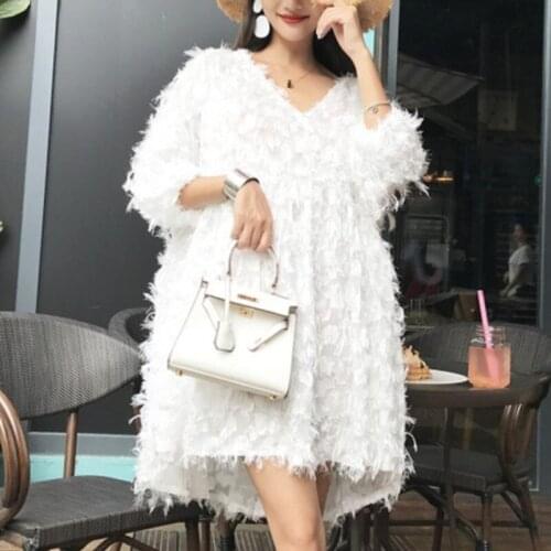 Autumn New Loose V-neck Short-sleeve White Feather Tassel Mini Dress Women Fashion Streetwear 2021 Korean Fashion Vestidos Mujer