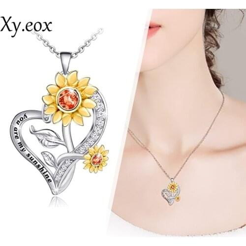 Women Double Crystal Sunflower Love Heart Pendant Necklace My Sunshine Jewelry