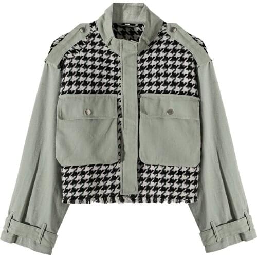 Womens 21 years European and American style woolen tooling stitching houndstooth pocket coat windbreaker jacket