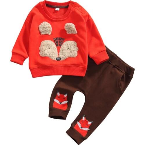 2021 3-24M Baby Fall Clothing Boys Girls Fur Cartoon Fox Long Sleeve Sweatshirt+Harem Pants Elastic Waist Trousers Casual 2pcs