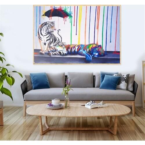 Abstract Graffiti Oil Painting Tigers Animal Pictures Colorful Umbrella Canvas Painting Wall Art For Livinng Room Tigers Family