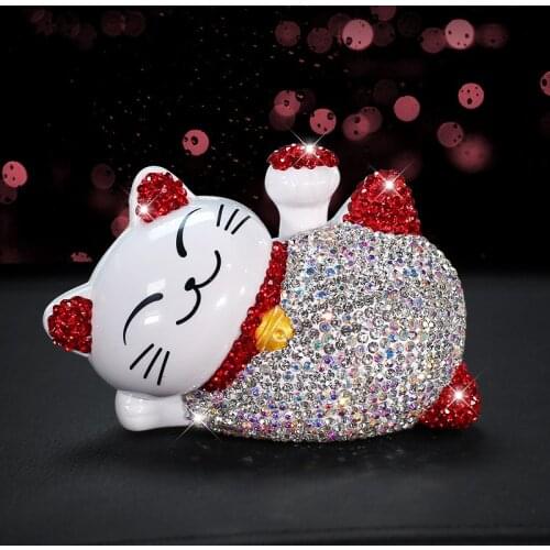 Diamond Rhinestone Fortune Cat Car Interior Accessories Dashboard Ornament Cute Solar Energy Lucky Cat Home Auto Decoration