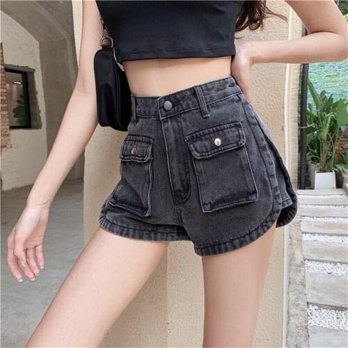 Women pants black jeans Retro Washed Cargo Pocket High Waist Jeans Korean Style Loose Wide Leg Shorts Women
