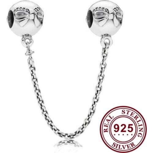 100% 925 Sterling Silver Beautiful Bow Safety Chain Fit Pandora Women Bracelet & Necklace Diy Jewelry