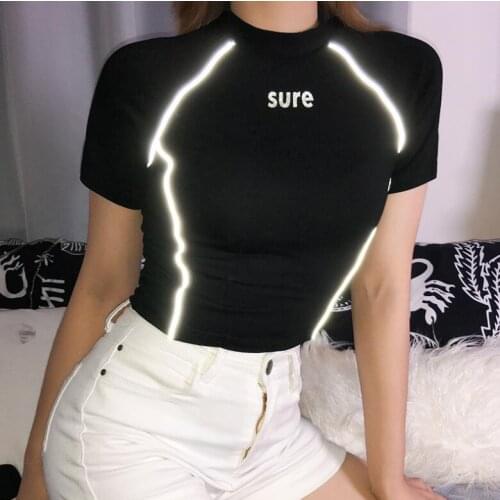Black Short Sleeve Basic T Shirt Women O-Neck Letter Printed Tshirt Patchwork Reflective Striped Crop Top T-Shirt