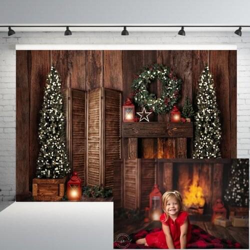 Photography Background Winter Christmas Decoration Tree Retro Vintage Brick Wall Fireplace Christmas Backdrops for Photo Studio