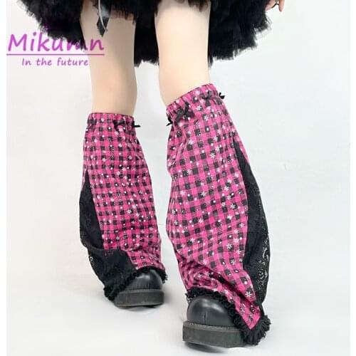 Harajuku Pink Plaid Christmas Snowflake Print Lace Leg Warmer Socks Gothic Lolita Cute Bow Leg Cover Streetwear