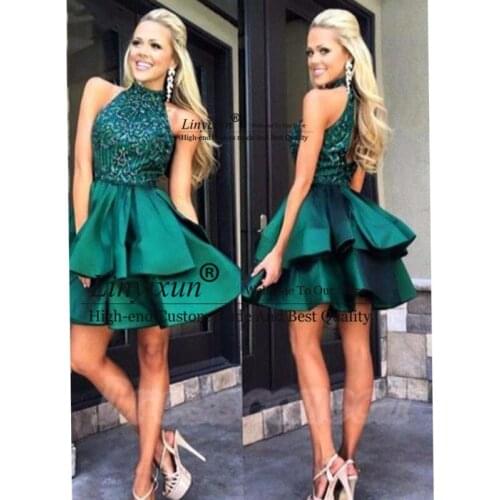 Emerald Green Homecoming Dresses Sequins Lace High neck Backless Ruffle A-line Above Mini Illusion Elegant Cocktail Dresses