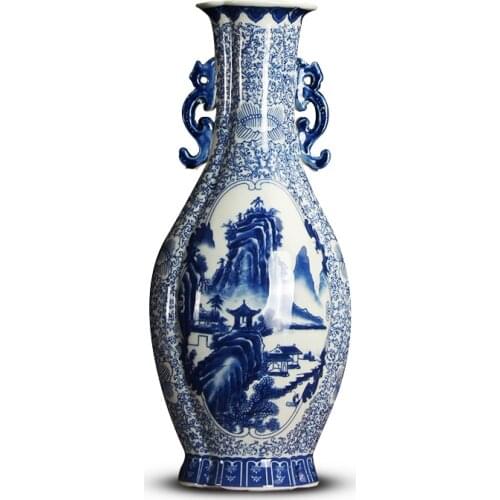 Jingdezhen classical new Chinese Ming and Qing classical double ears blue and white porcelain vase
