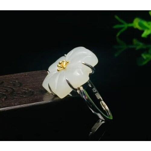 Natural Hetian White Jade Carved Flowers Ring 925 Silver For Woman Big Gemstone Fine Jewelry