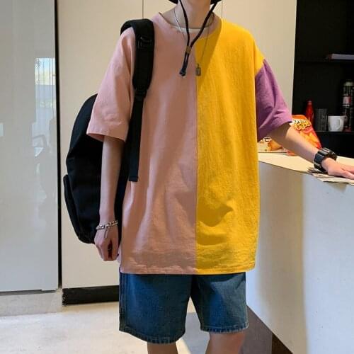 2021 Summer Contrast Color T-Shirts Men Funny Patchwork Short Sleeve Casual O-Neck Tops Male Loose Tee Tops Fashion Streetwear