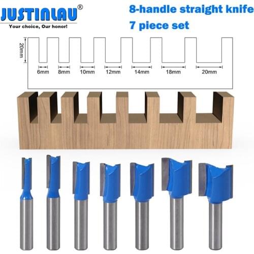 JUSTINALU 7set 8mm Shank Woodworking Straight Milling Cutter Set Cutting Knife 6mm-20mm Cutting Diameter Woodworking Tools
