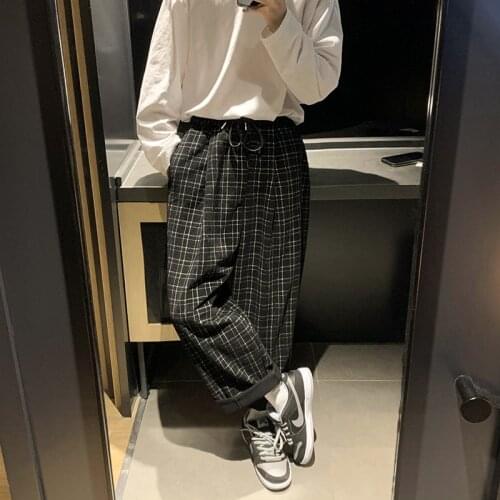 2021 New Harajuku Fashion Man Loose Striped Length Trousers Korean Men Plaid Casual Pants Oversized Corduroy Streetwear Joggers
