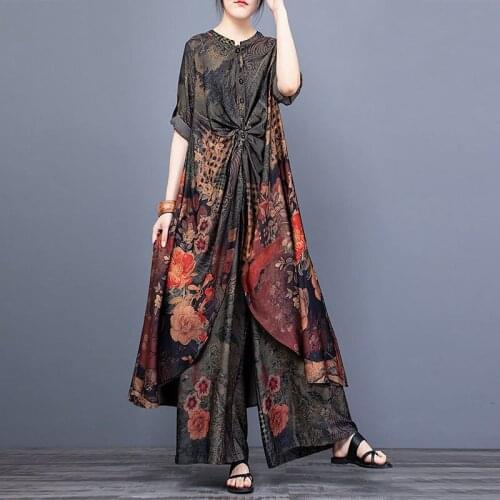 2021 Spring And Summer New Light Luxury Literature And Art Womens Xiangyunsha Suit Irregular National Style Printed Top Elastic